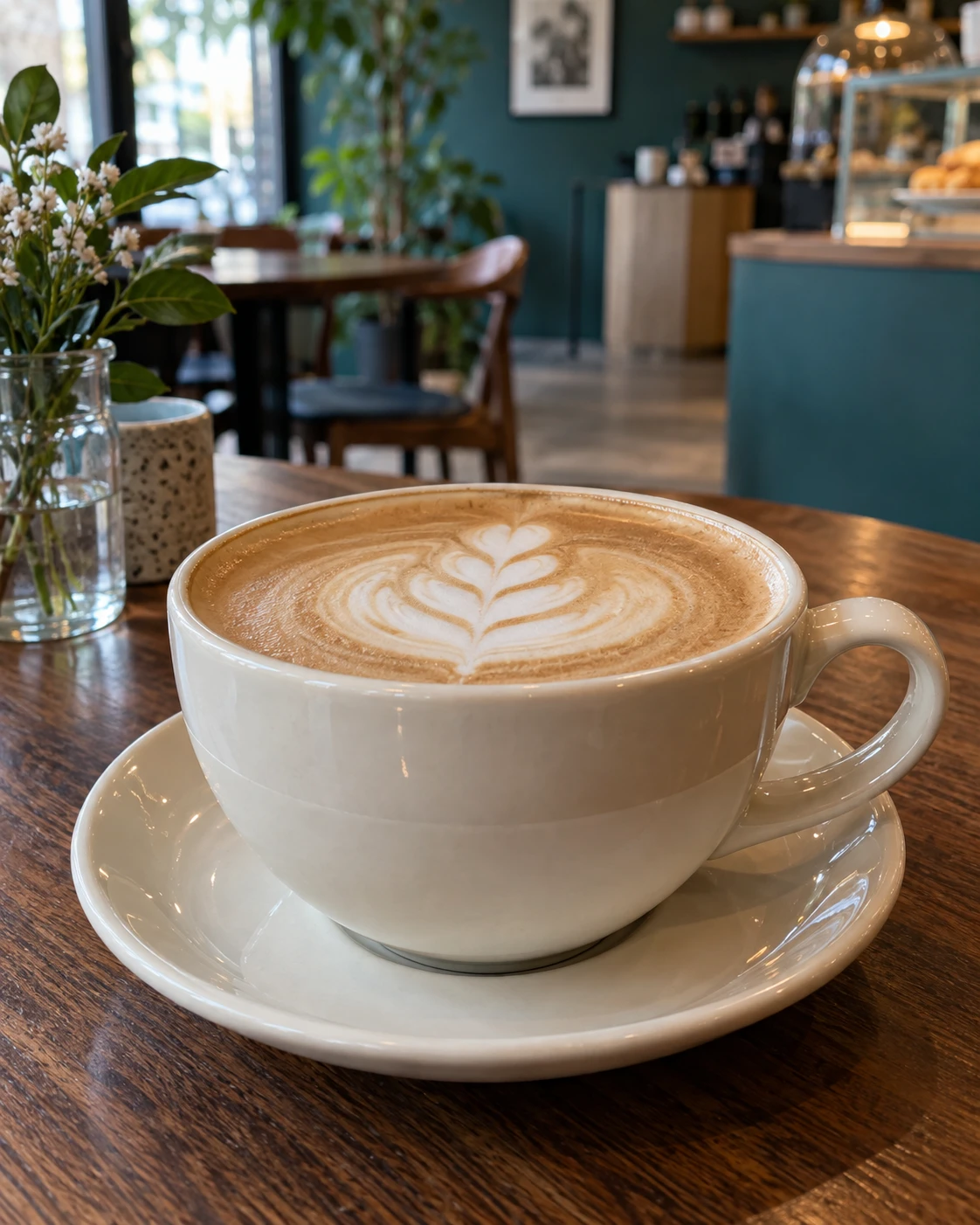 Flat white in a generous, broad ivory cup, with thin silky microfoam and hand-poured latte art.