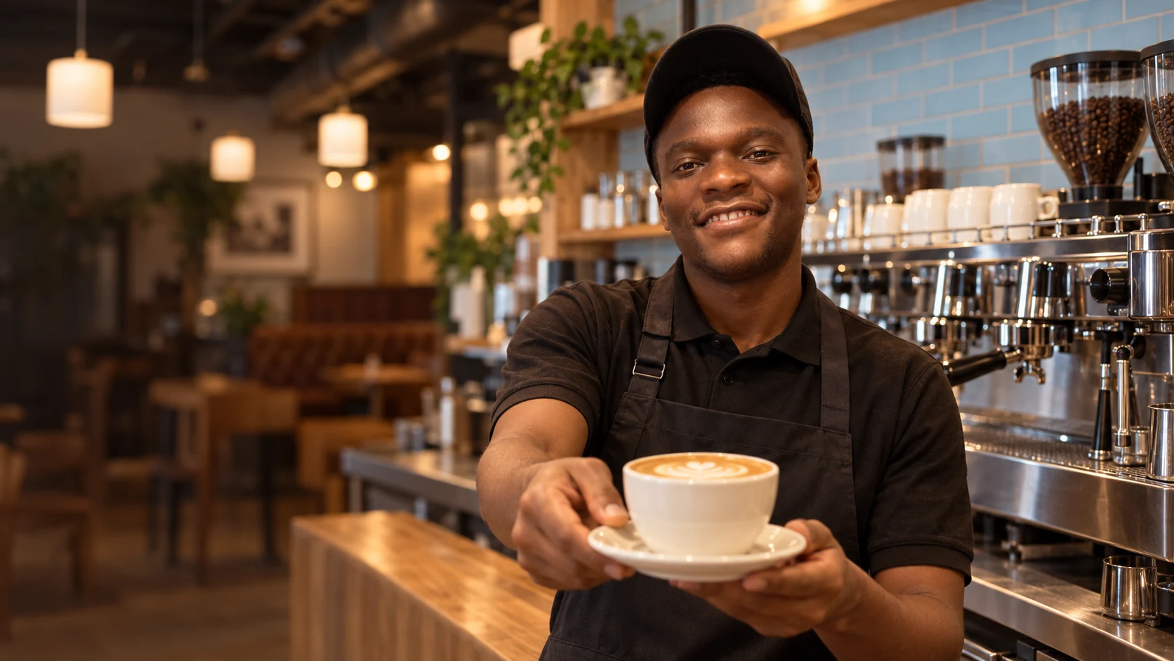 Shafic smiling behind the coffee counter, offering a cup of coffee beside a professional espresso machine.