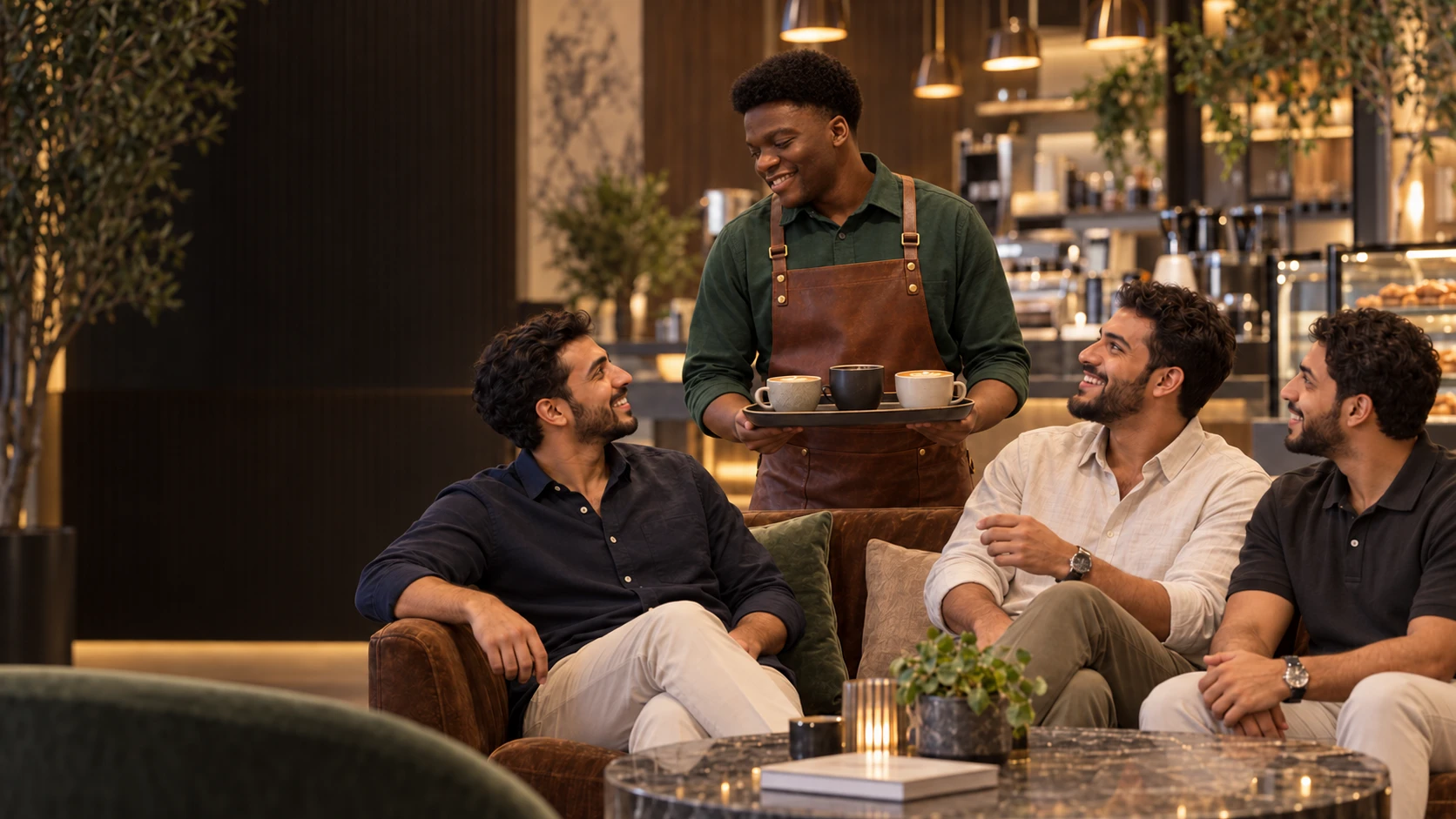 Shafic in a green dress shirt and leather apron looks warmly toward a seated guest while bringing a tray of coffees to smiling Saudi guests in casual clothing, seated on a luxury café couch.